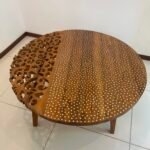 Recycle teakwood round table with side hand carved designed with mother of pearl on top