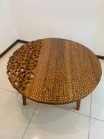 Recycle teakwood round table with side hand carved designed with mother of pearl on top