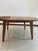 Recycle teakwood round table with side hand carved designed with mother of pearl on top - Image 2