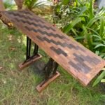 Vintage machine legs console with old teakwood top