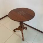 Wood side high round table designed with mother of pearl on top
