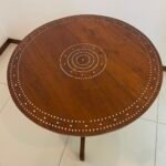 Wood side high round table designed with mother of pearl on top